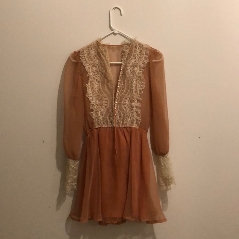 Sheer Vintage Peach and Lace Long Sleeved Dress